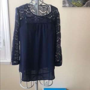 Navy blue long-sleeved top with lace